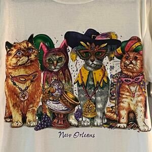 Vtg NWT Prints of Tails Double-Sided USA Made New Orleans Mardi Gras Cat T-Shirt